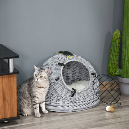 PawHut Cats Wicker Travel Carrier Basket w/ Plush Cushion Grey