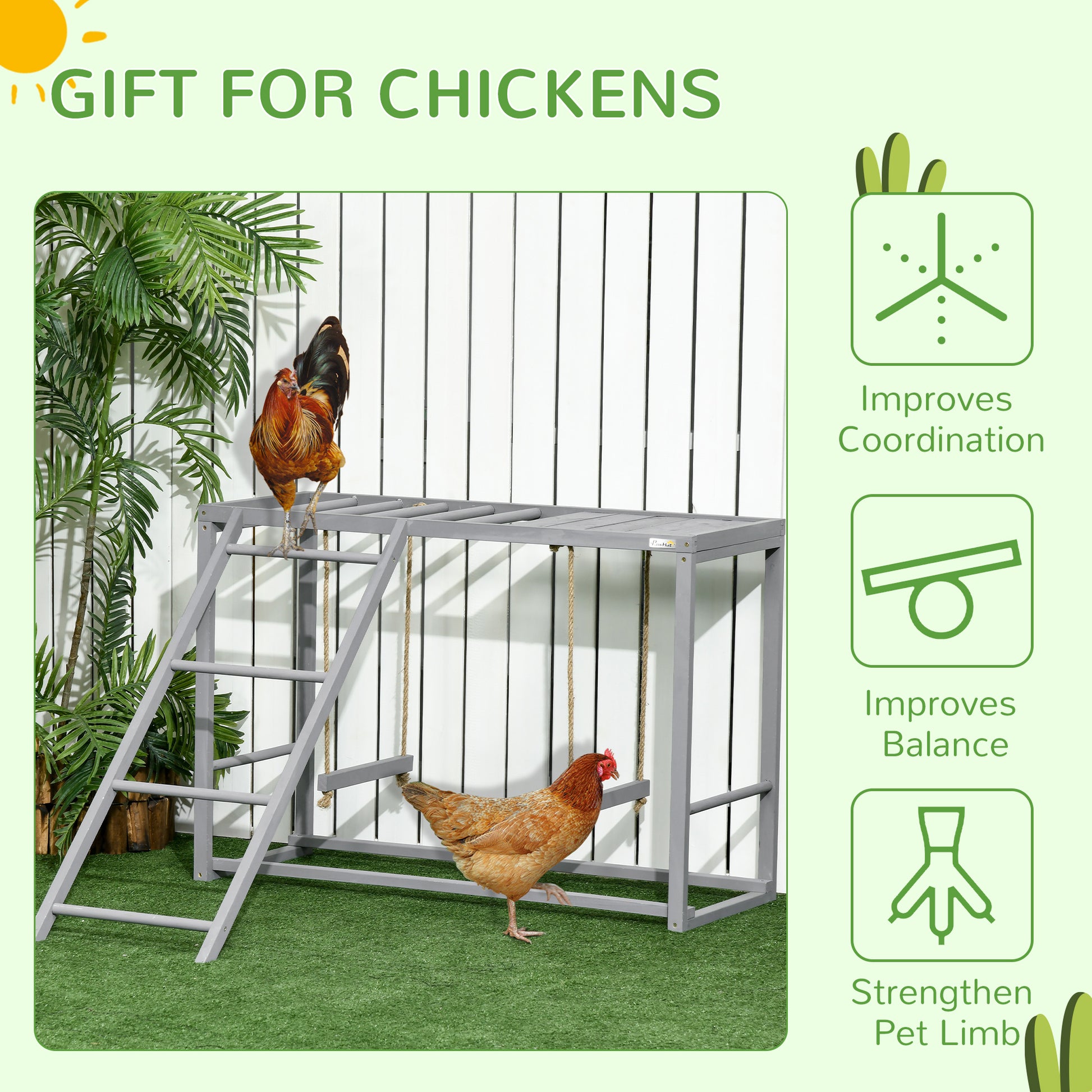 PawHut Chicken Activity Play with Swing Set for 3-4 Birds, Wooden Chicken Coop, Grey