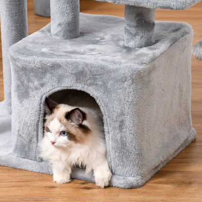 PawHut Cat tree Tower 114cm Climbing Activity Centre Kitten with Sisal Scratching Post Perch Hanging Ball Condo Toy Light Grey