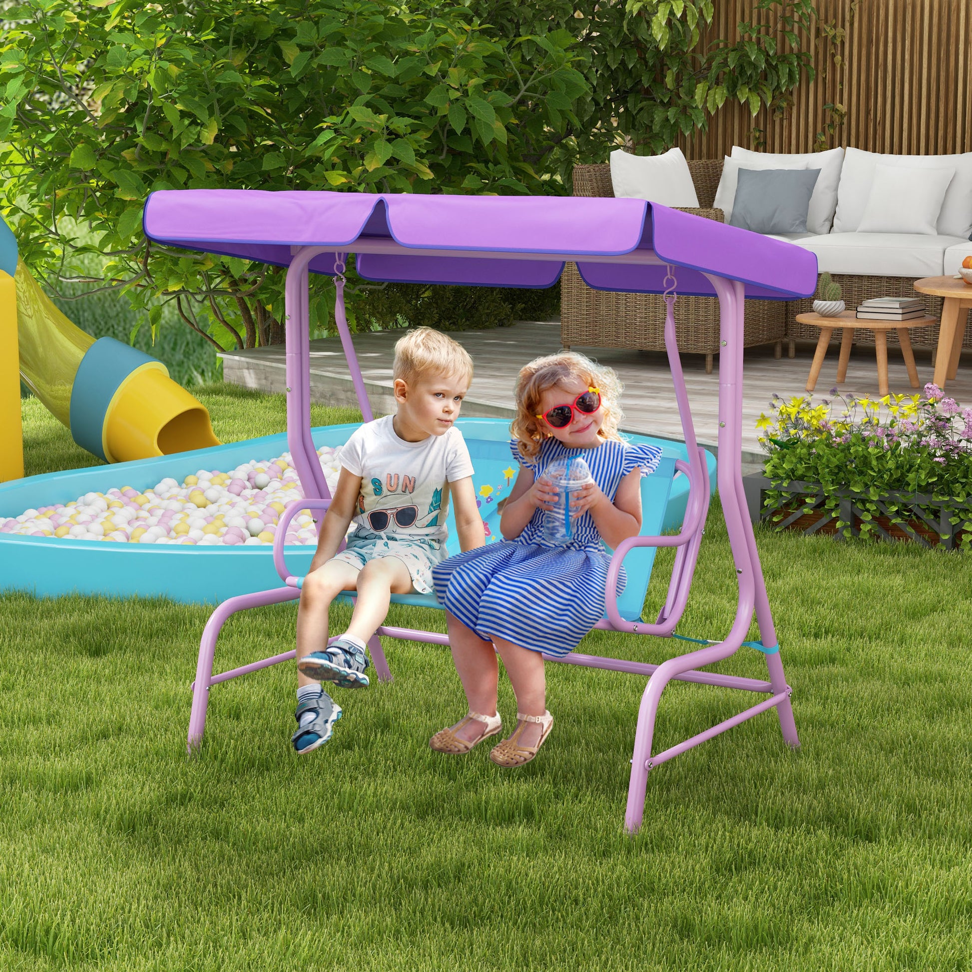 outsunny-2-seater-kids-garden-swing-fairy-themed-kids-swing-chair-with-adjustable-canopy-safety-belts-for-park-porch-poolside