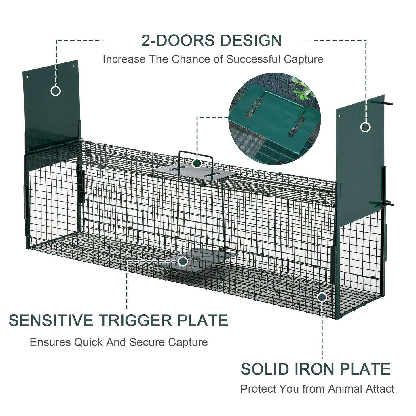 PawHut 2-Door Humane Live Trap for Small Animals, Animal Trap for Rat Mise Mink Rabbit Raccoon Gopher Squirrel, Dark Green