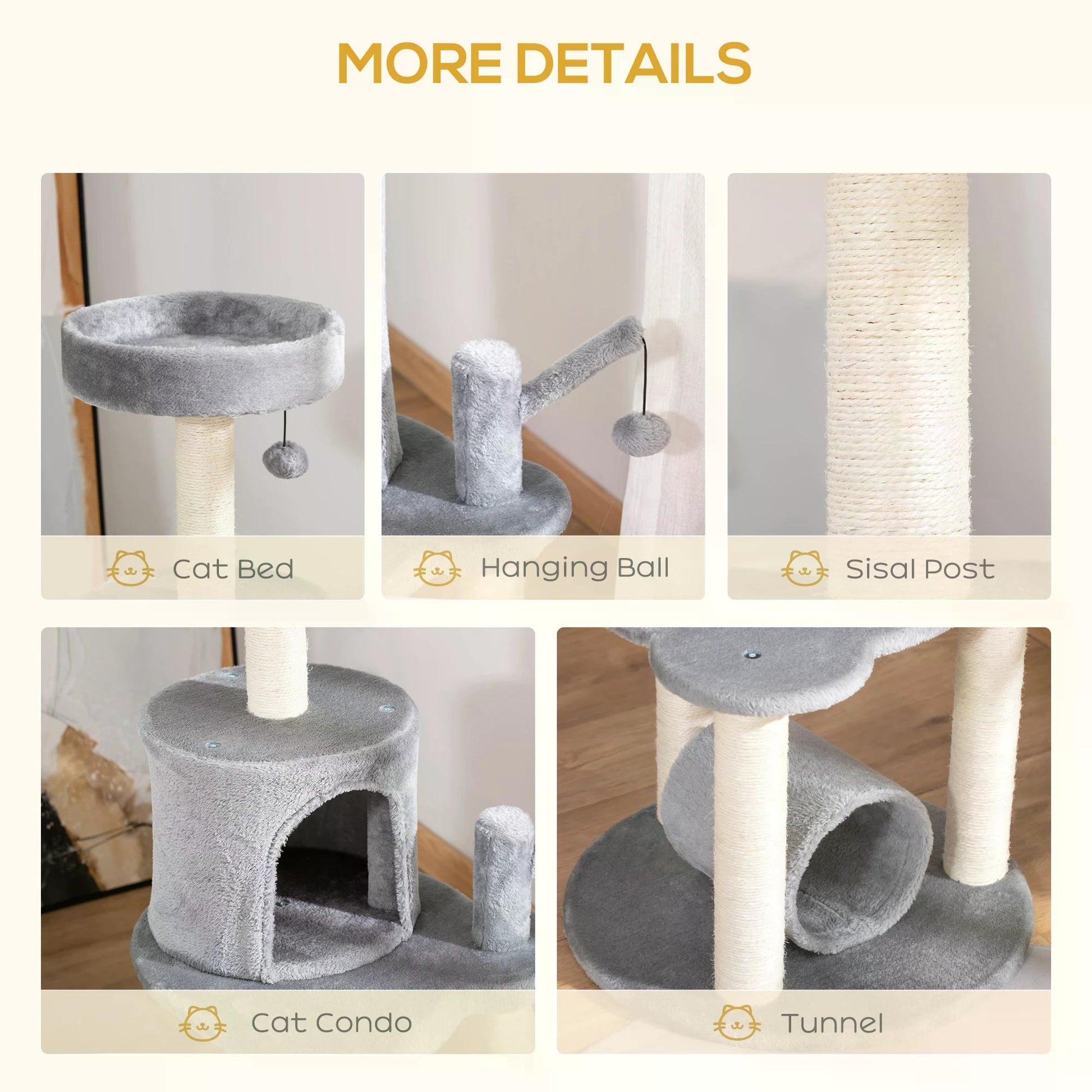 PawHut Cat Tree Tower Climbing Activity Center Kitten Furniture with Jute Scratching Post Bed Tunnel Perch Hanging Balls Grey