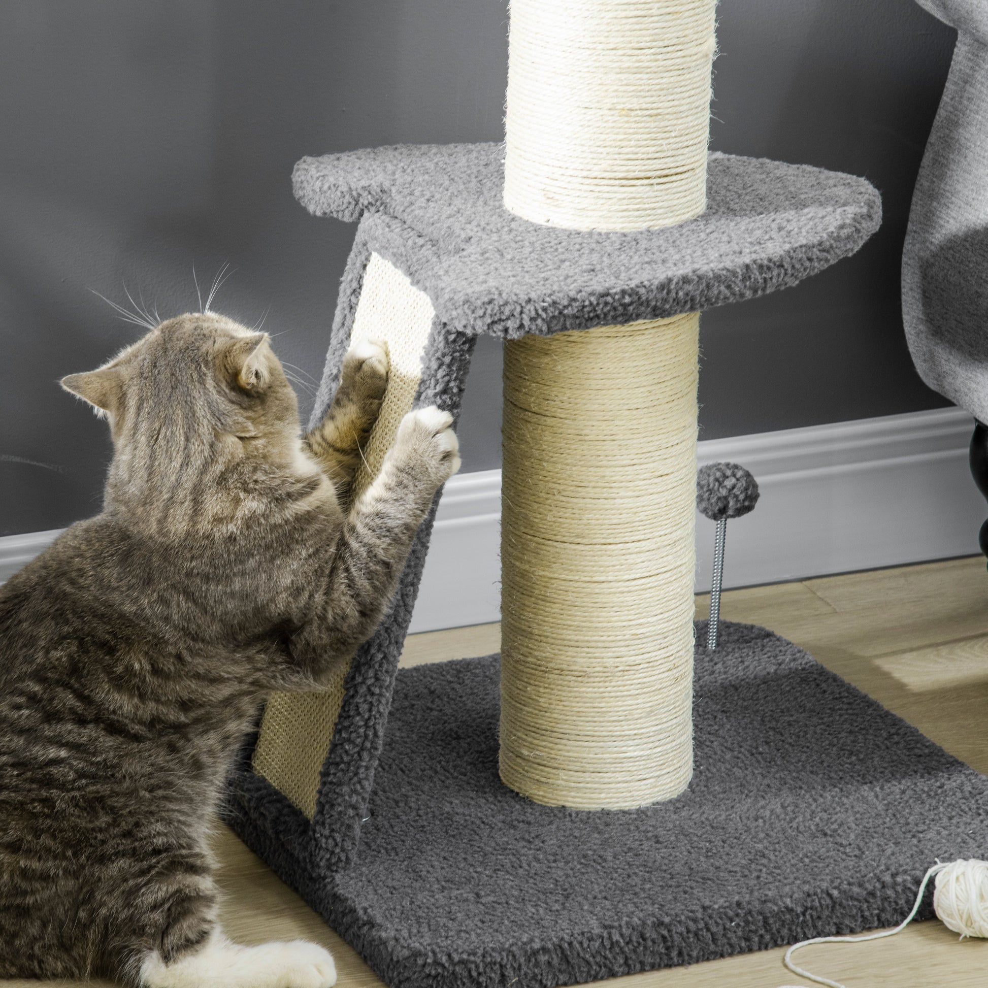 PawHut Cat Tree Cat Tower with Cat Scratching Posts, Pad, Bed, Toy Ball for Cats under 6 Kg, Dark Grey & Beige