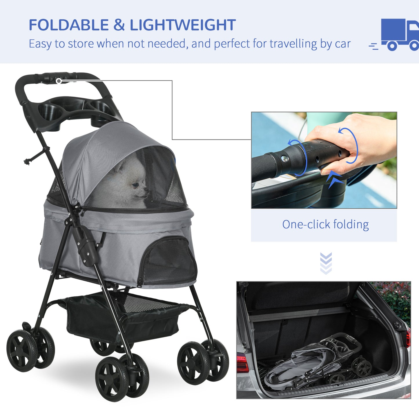 PawHut Dog Stroller w/ Rain Cover, Dog Pushchair One-Click Fold Trolley Jogger w/ Wheels, Basket, Adjustable Canopy, Safety Leash for Small Dogs, Grey