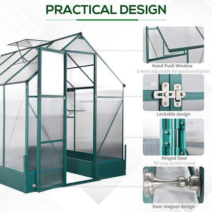 outsunny-garden-walk-in-aluminium-greenhouse-polycarbonate-with-plant-bed-temperature-controlled-window-foundation-6-x-8ft