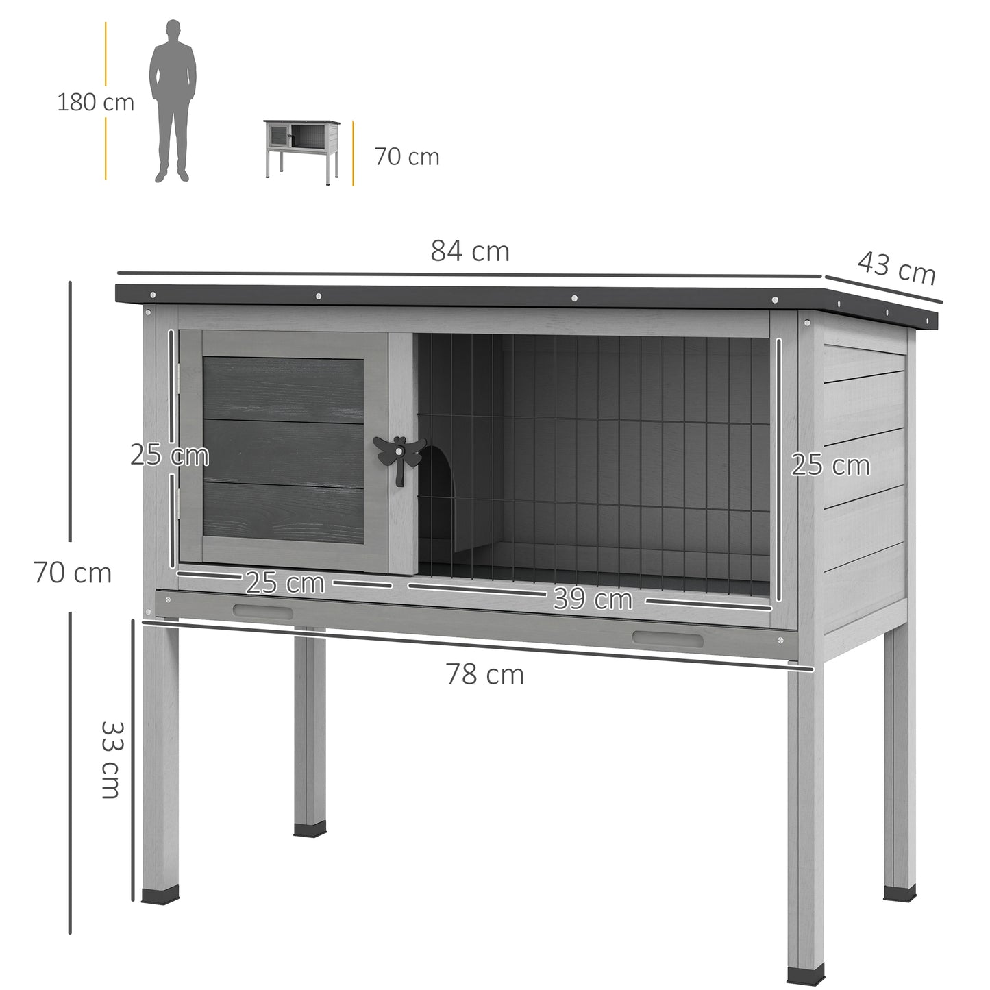 Pawhut Wooden Rabbit Hutch Guinea Pig Hutch Bunny Cage Garden Built in Tray Openable Asphalt Roof Small Animal House 84 x 43 x 70 cm Grey