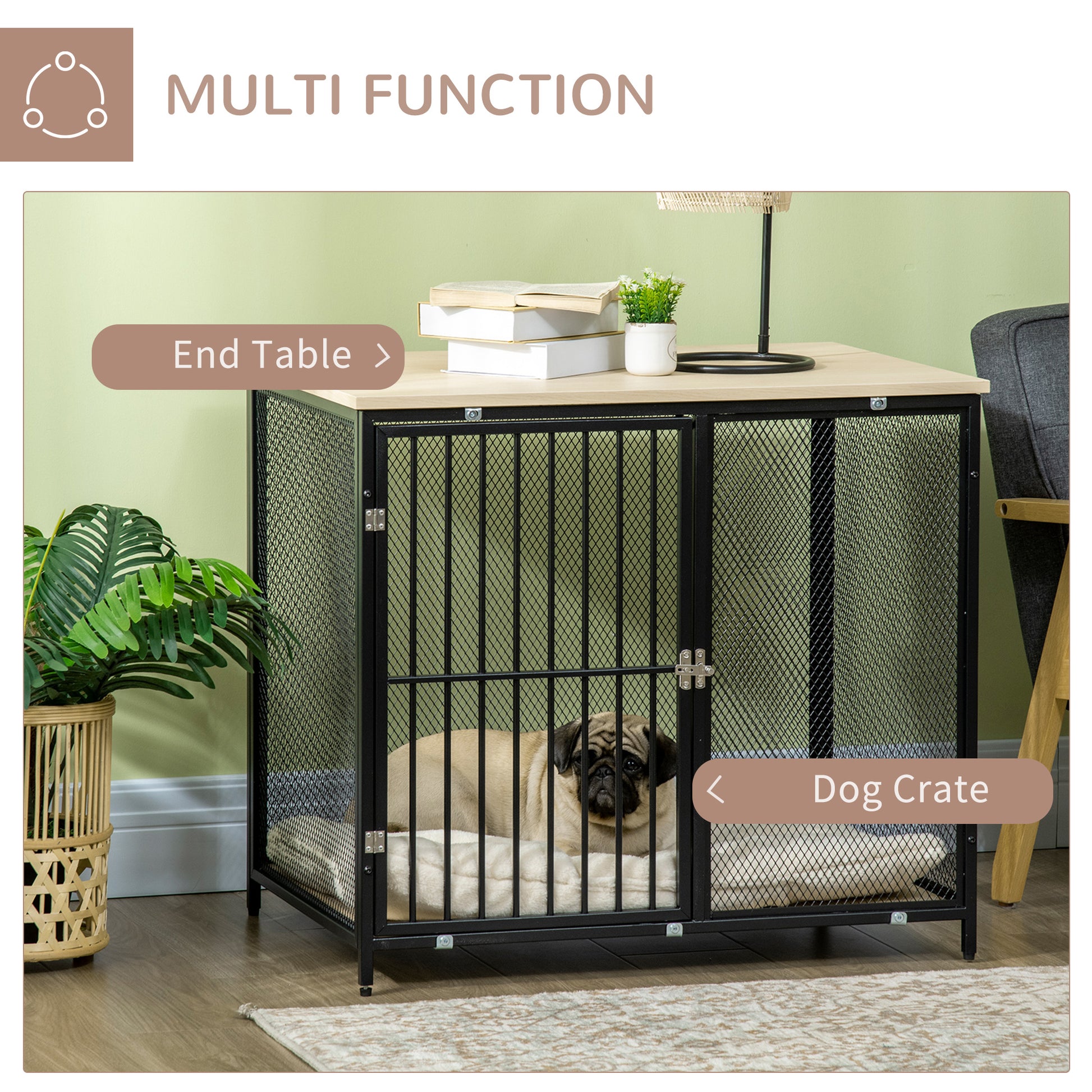 PawHut Dog Crate Furniture Side End Table with Soft Washable Cushion, Indoor Dog Kennel with Wire Mesh Wall, Wooden Top, for Medium Small Dogs