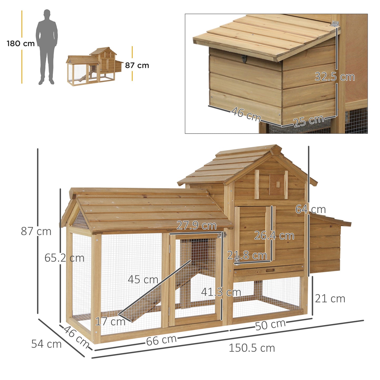 Pawhut Chicken Coop Hen Cage Small Animal Hutch Nesting Box w/Outdoor Run 150.5 x 54 x 87 cm