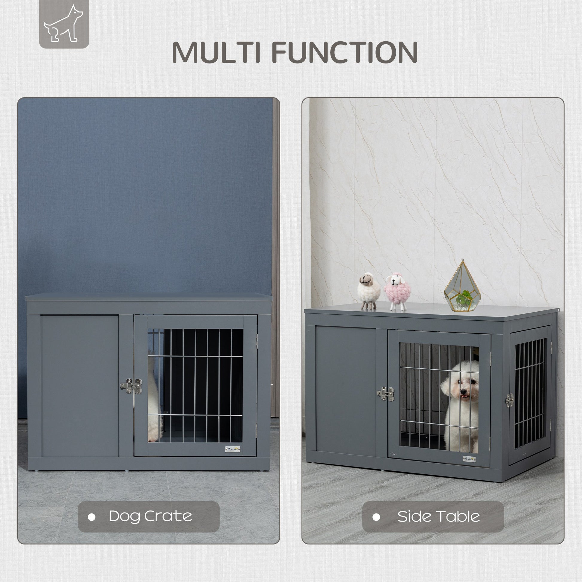 PawHut Furniture Style Dog Crate, End Table Pet Cage Kennel, Indoor Decorative Puppy House, with Double Doors, Locks, for Small & Medium Dogs, Grey