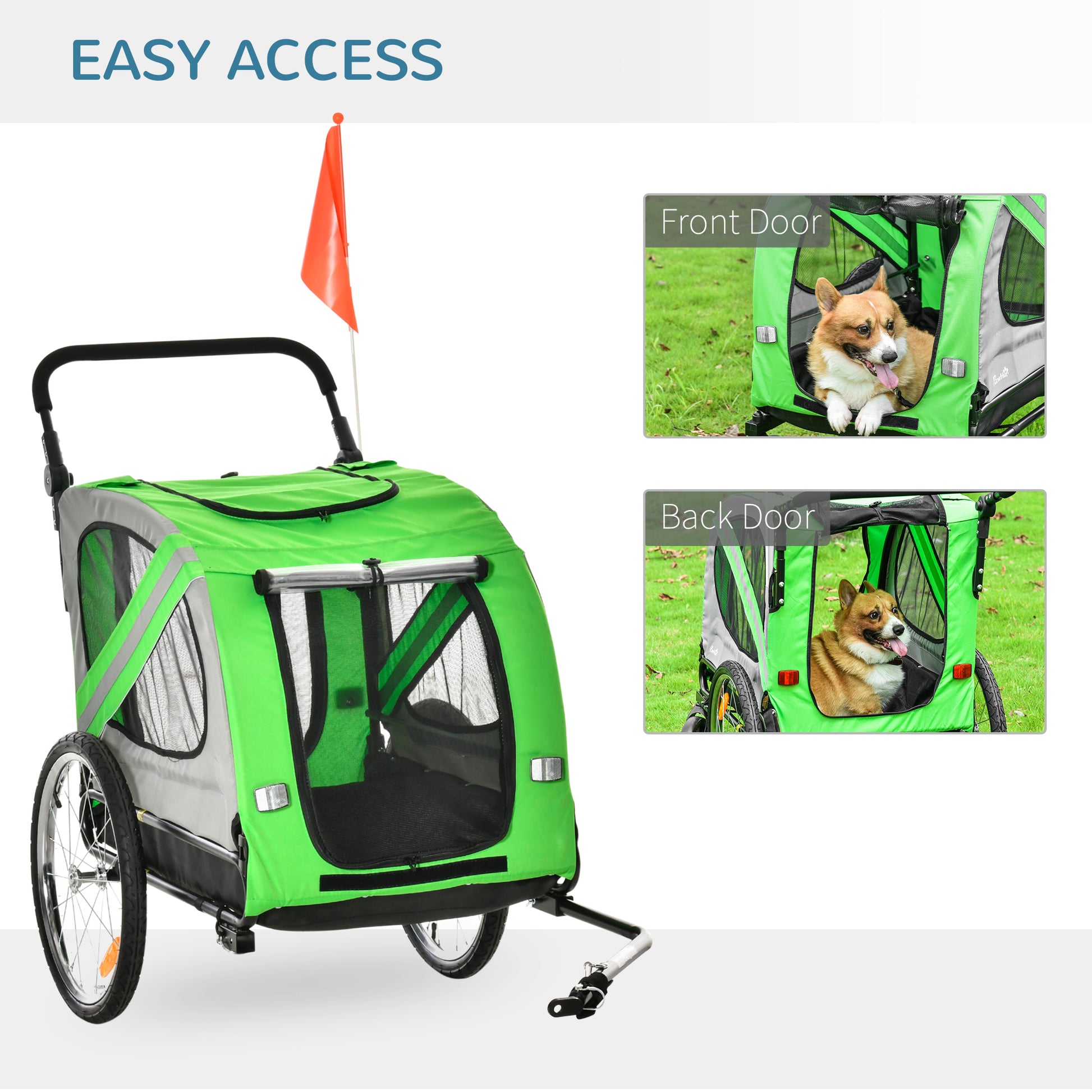 PawHut Dog Bike Trailer 2-in-1 Pet Stroller Cart Bicycle Carrier Attachment for Travel in steel frame with Universal Wheel Reflectors Flag Green