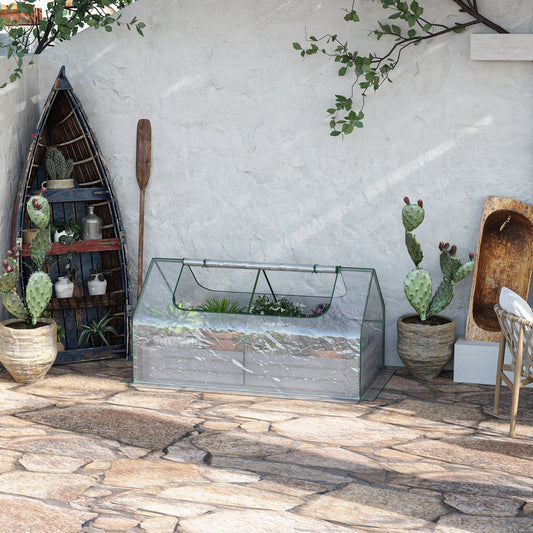 outsunny-raised-garden-bed-with-greenhouse-steel-planter-box-with-plastic-cover-roll-up-window-dual-use-for-flowers-vegetables-fruits-clear