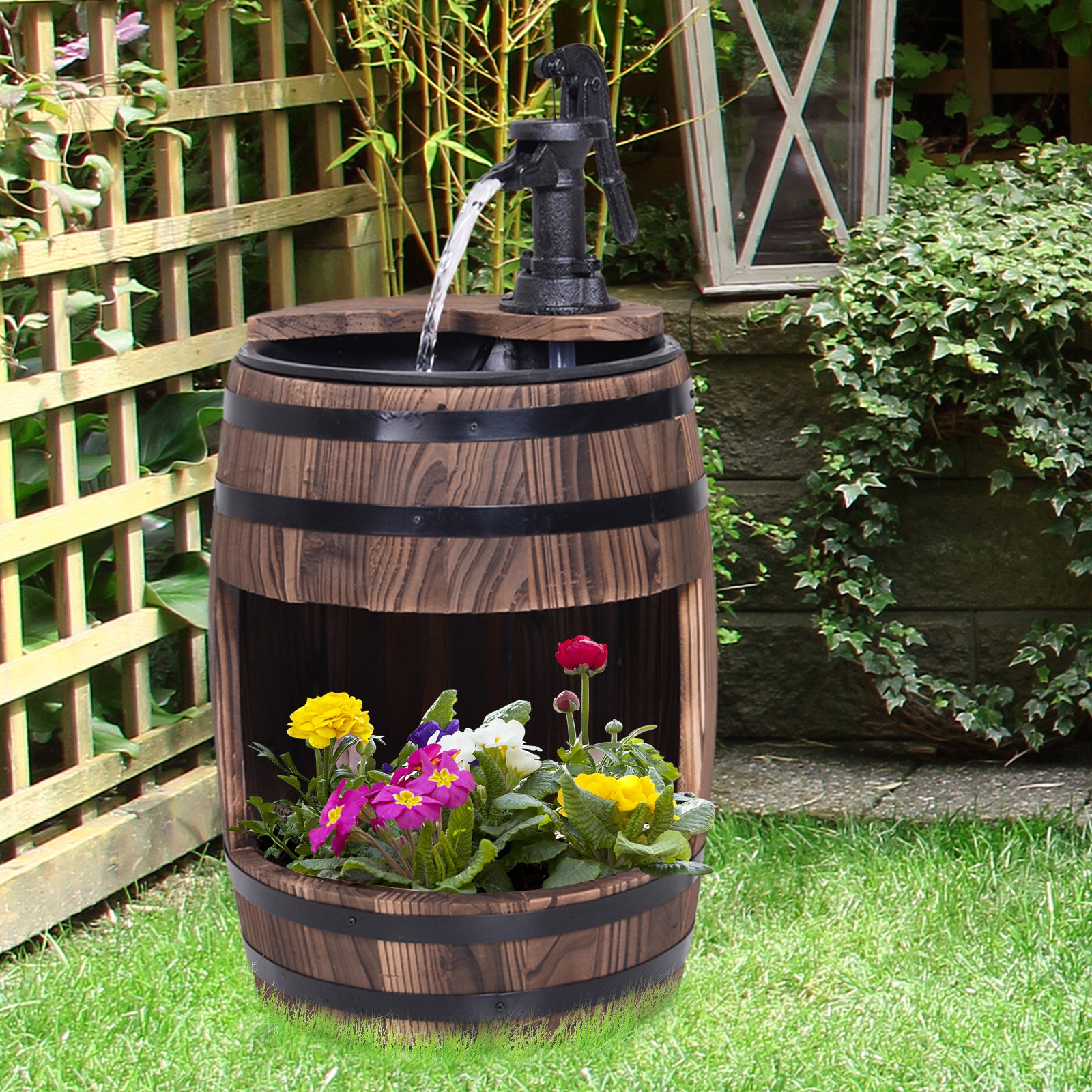 outsunny-wood-barrel-patio-water-fountain-electric-pump-garden-decorative-ornament-with-flower-planter-decor