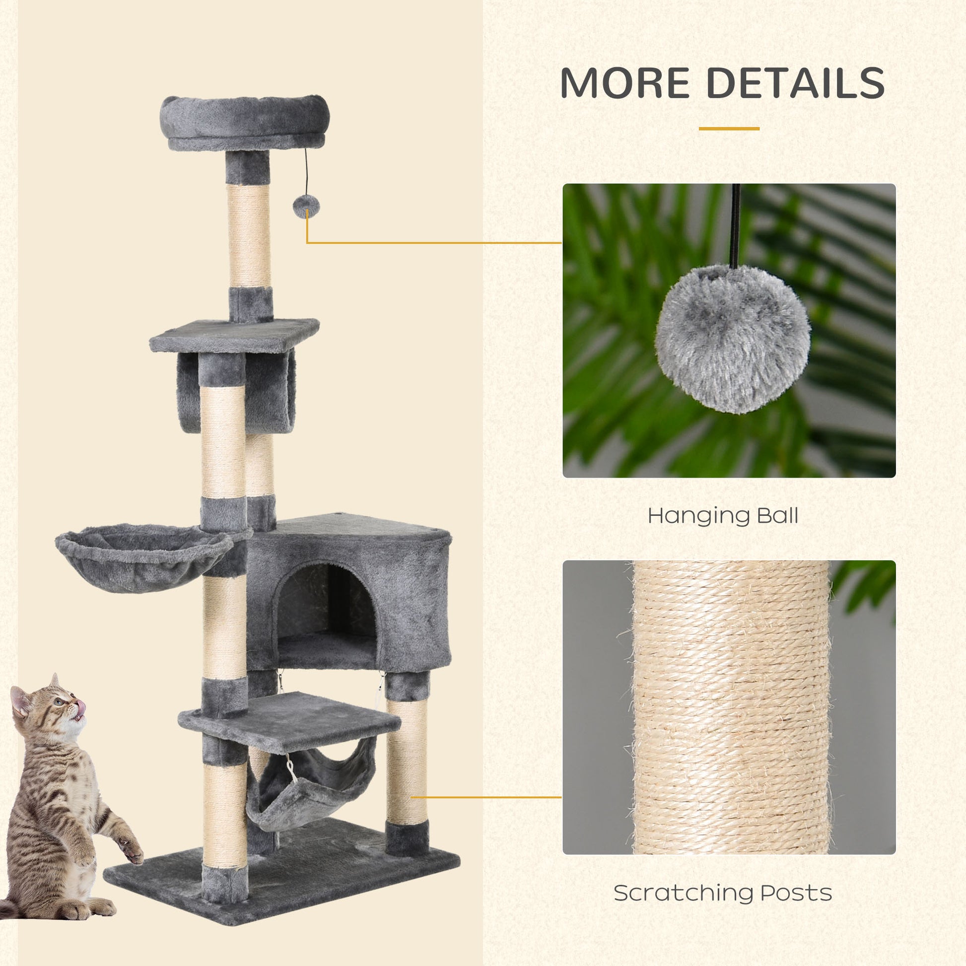 PawHut Cat Tree Condo Tower Multi-level Height 150CM  Kittens Activity Stand House with Toys & Various Scratching Posts