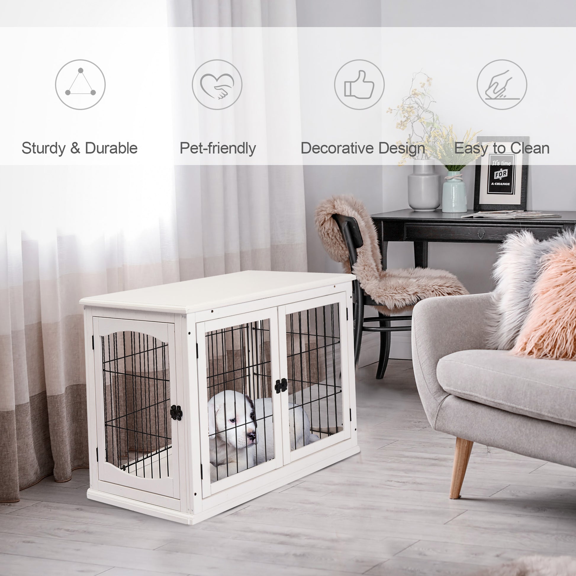 PawHut MDF 3-Door Small Indoor Pet Cage White