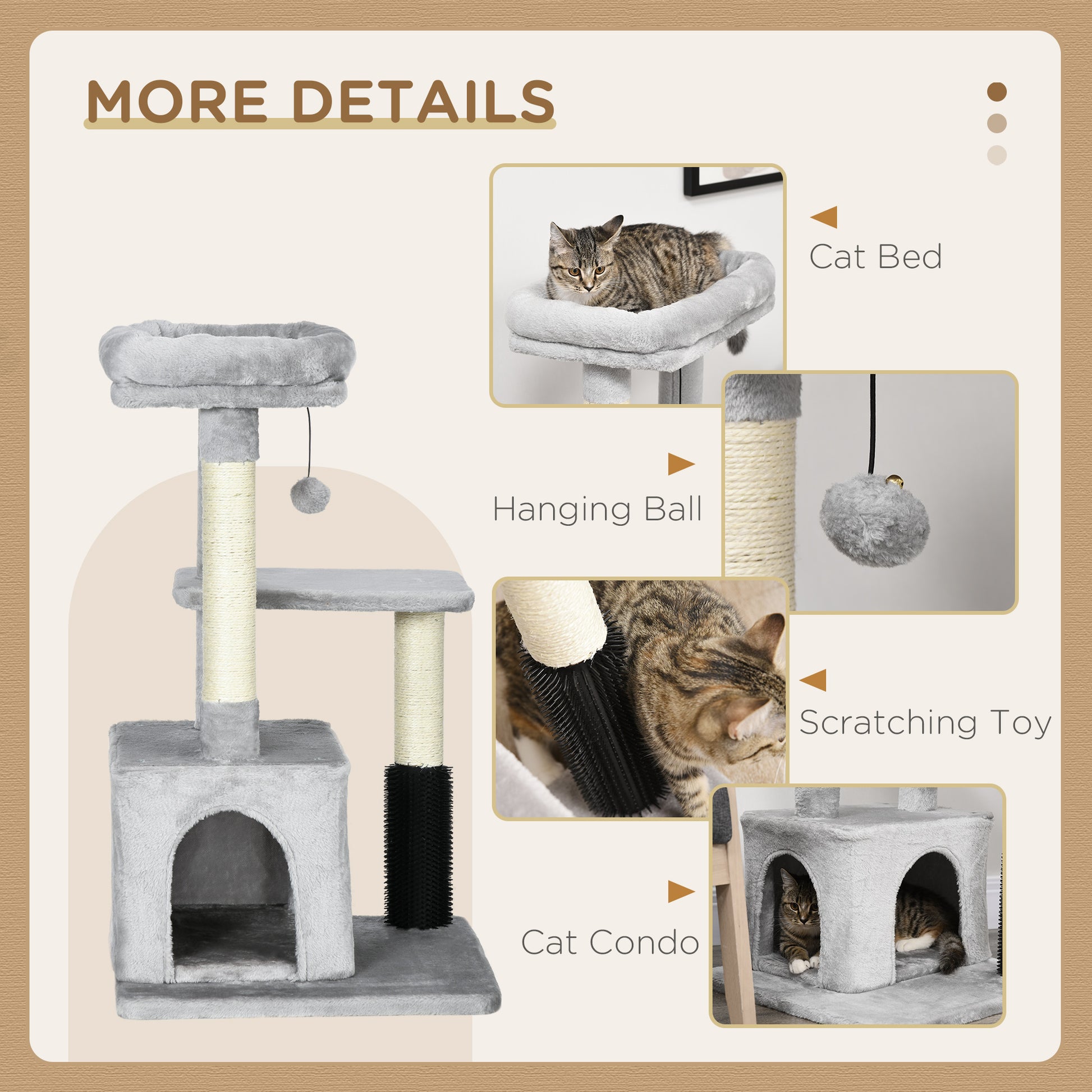 PawHut Cat Tree Tower Climbing Activity Center Kitten Furniture with Sisal Post Scratching Massage Toy 48 x 48 x 80cm Light Grey