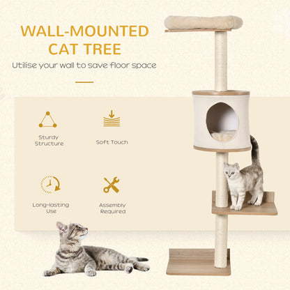 PawHut Cat Tree for Indoor Cats Wall-Mounted Cat Shelf Shelter Kitten Perch Climber Furniture w/ Condo Bed Scratching Post ‚ Beige