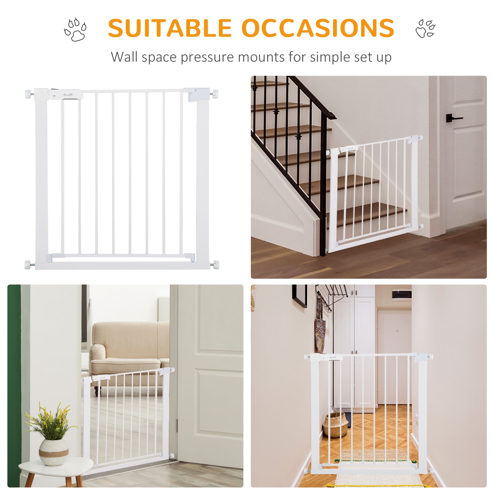 PawHut Adjustable Pet Safety Gate Dog Barrier Home Fence Room Divider Stair Guard Mounting White (76 H x 75-82W cm)