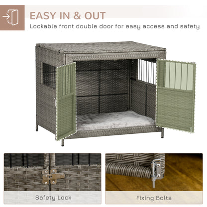 PawHut Wicker Dog Cage, Dog Crate with Double Doors and Soft Washable Cushion for Medium to Large Sized Dogs, 85 x 61 x 70 cm