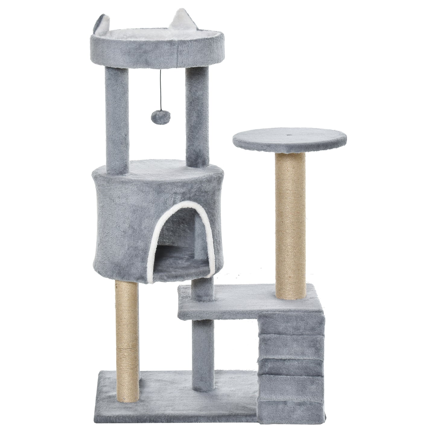 PawHut 100cm Cat Tree Tower Condo Multi Platform Kitty Cat Center with Climbing Ladder Scratching Post Hanging Toy Ball, Light Grey