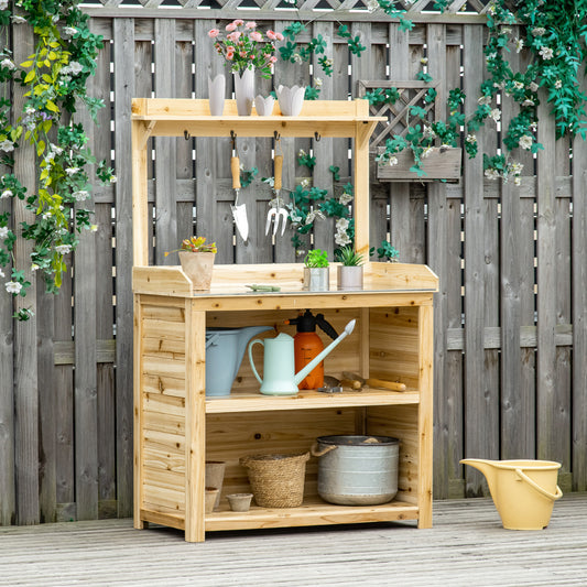 outsunny-garden-potting-bench-table-wooden-workstation-bench-w-galvanized-metal-tabletop-storage-shelves-and-hooks-natural