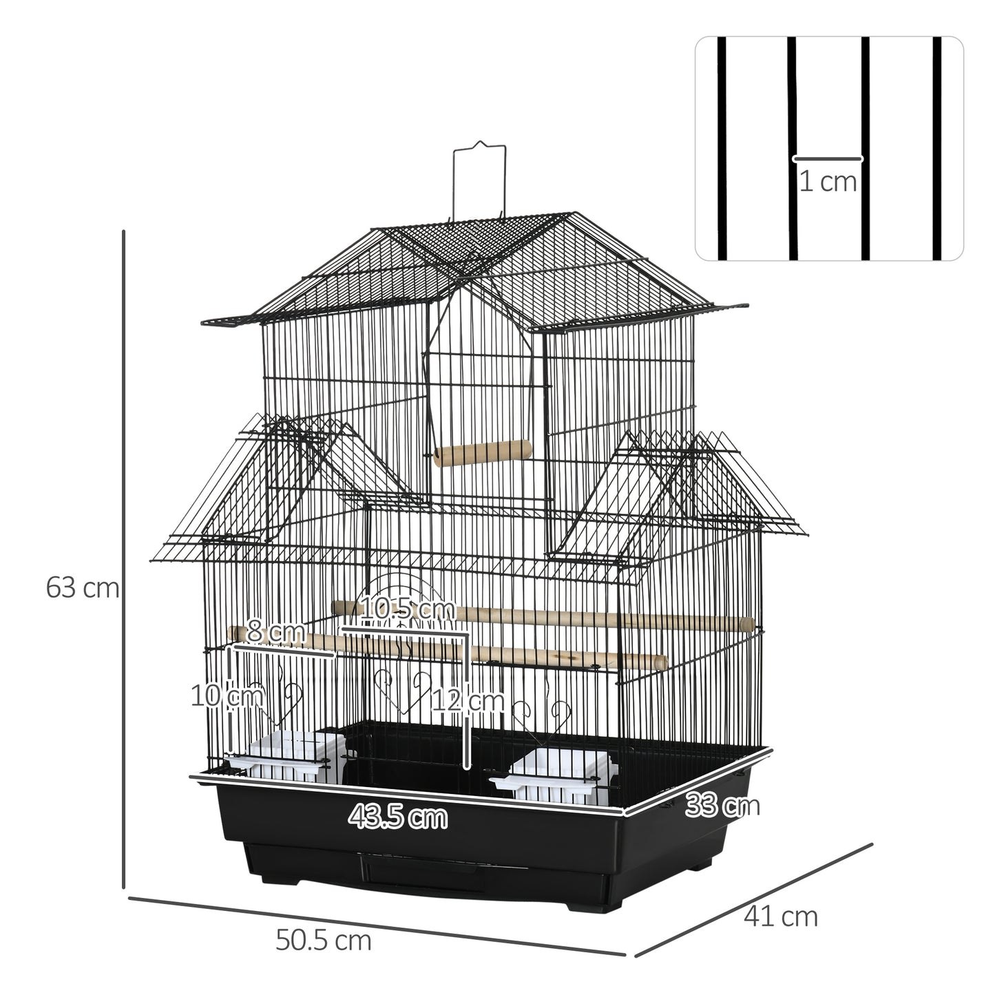 PawHut Metal Bird Cage with Plastic Swing Perch Food Container Tray Handle for Finch Canary Budgie 50.5 x 40 x 63cm Black