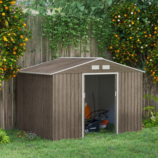 outsunny-9-x-6ft-garden-metal-storage-shed-outdoor-storage-tool-house-with-vents-foundation-and-lockable-double-doors-brown