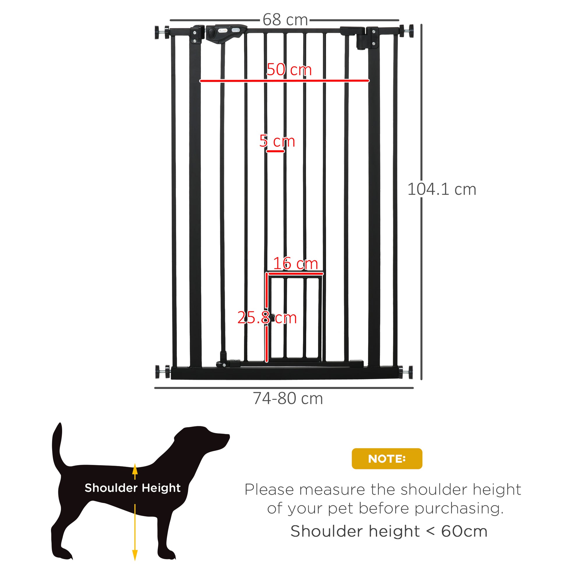 PawHut Extra Tall Dog Gate with Cat Door, Pet Safety Gate for Doorways Stairs with Auto Close Double Locking, 104 cm Tall 74-80 cm Wide, Black