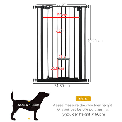 PawHut Extra Tall Dog Gate with Cat Door, Pet Safety Gate for Doorways Stairs with Auto Close Double Locking, 104 cm Tall 74-80 cm Wide, Black