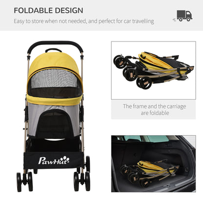 PawHut Detachable Dog Pushchair, 3-In-1 Dog Cat Travel Carriage, Foldable Carrying Bag with Universal Wheel Brake Canopy Basket Storage Bag, Yellow