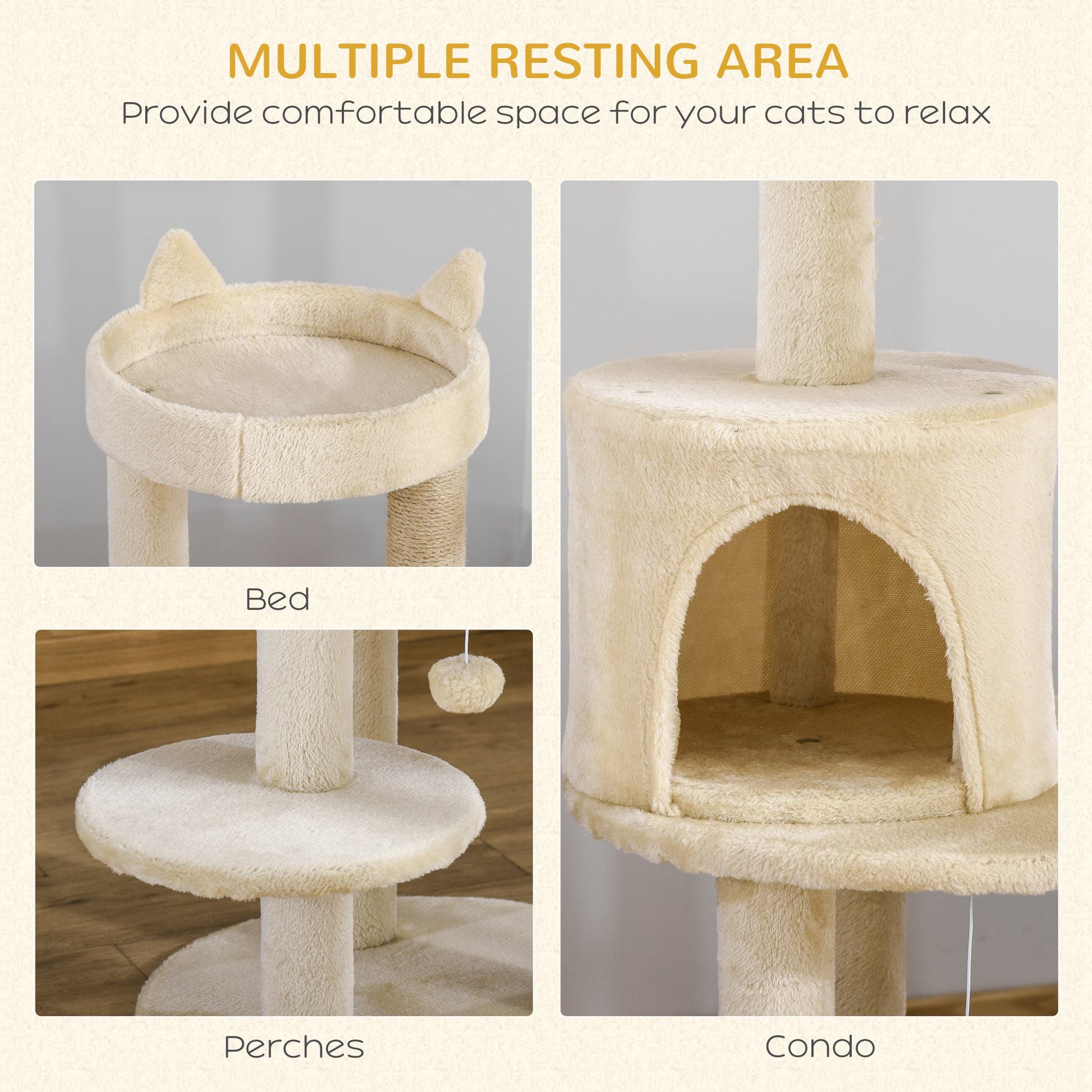 Pawhut Cat Tree Tower Scratching Post with Sisal Pet Activity Centre Beige 48 x 48 x 104cm