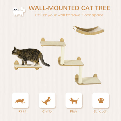 PawHut 3PCs Wall Mounted Cats Shelves, Cat Climbing Shelf Set, Kitten Activity Center with Jumping Platforms Hammock Scratching Post, Oak