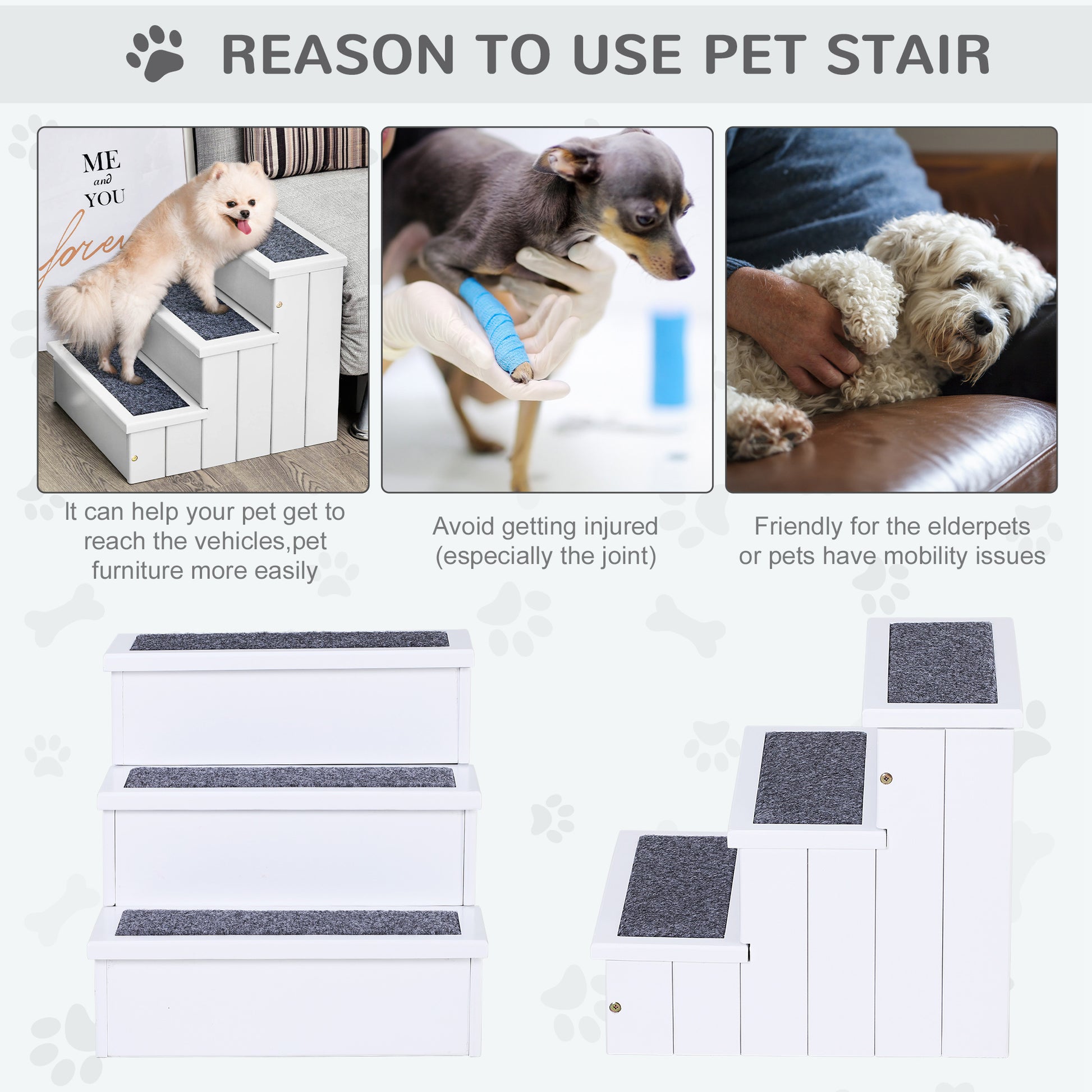 PawHut 3 Step Wooden Carpeted Pet Stairs Ramp for Cats and Small Dogs with Non-Slip Carpet & Small Footprint, White