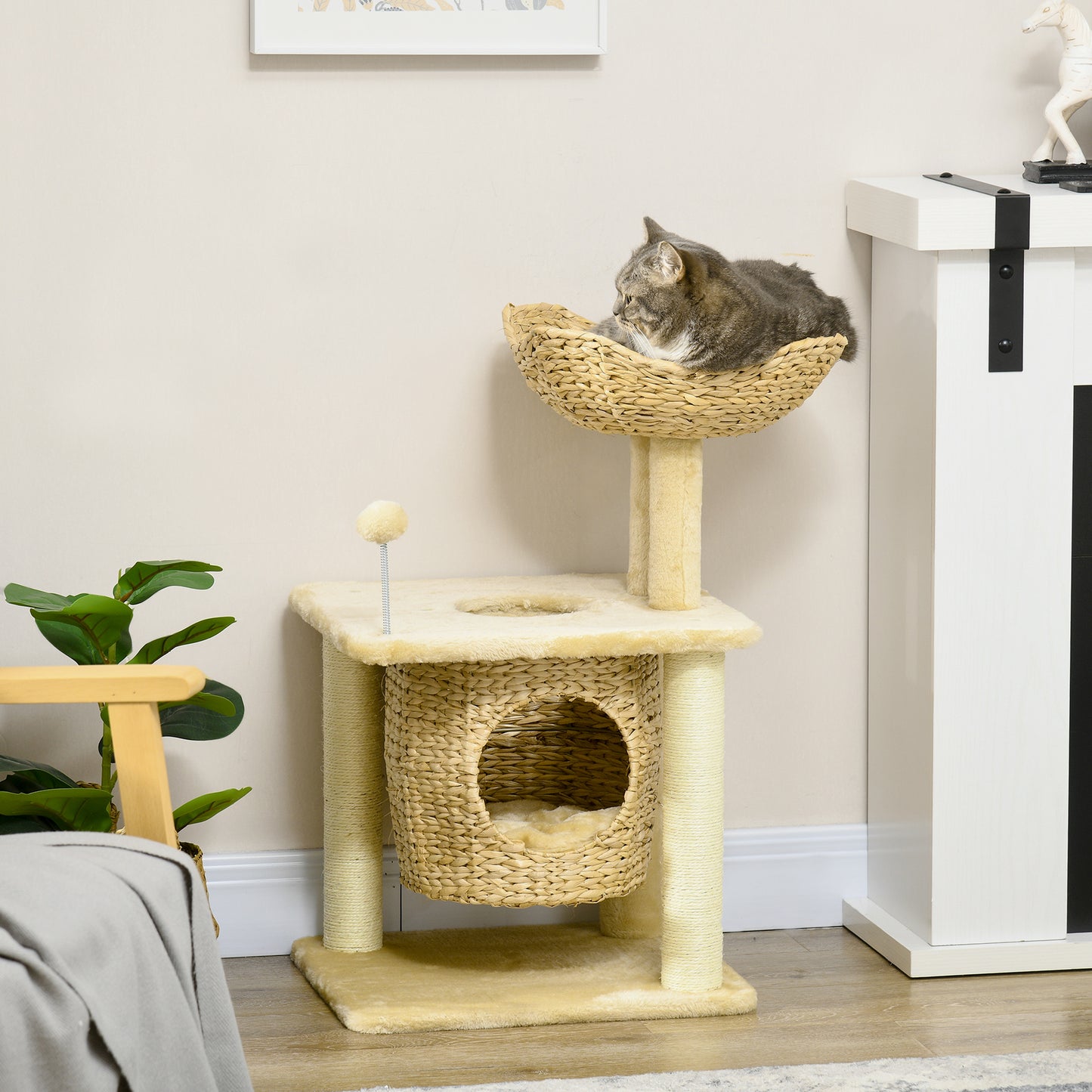 PawHut Cat Tree for Indoor Cats with Scratching Posts, Cat House, Bed, Toy Ball, Beige