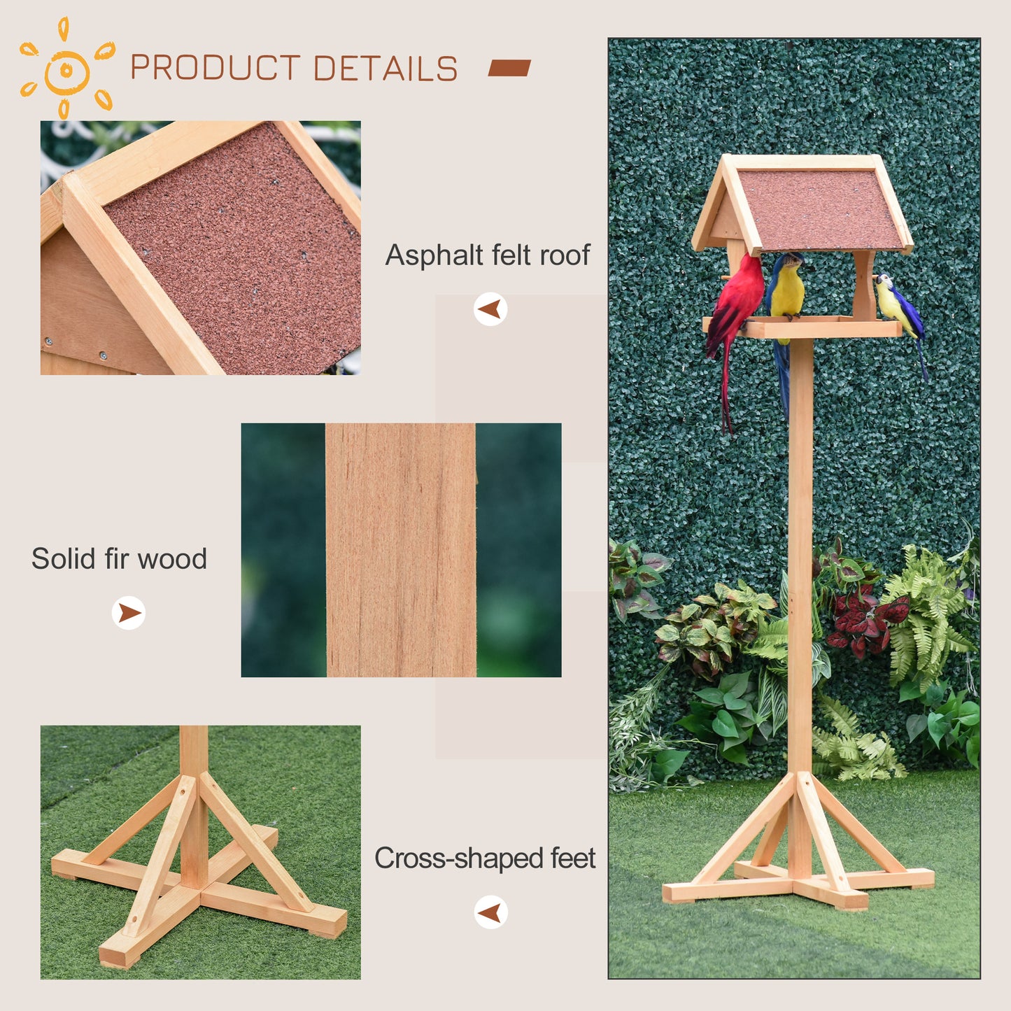 PawHut Wooden Bird Feeder Table Freestanding with Weather Resistant Roof Cross-shaped Support Feet for Backyard Pre-cut 55 x 55 x 144cm Natural