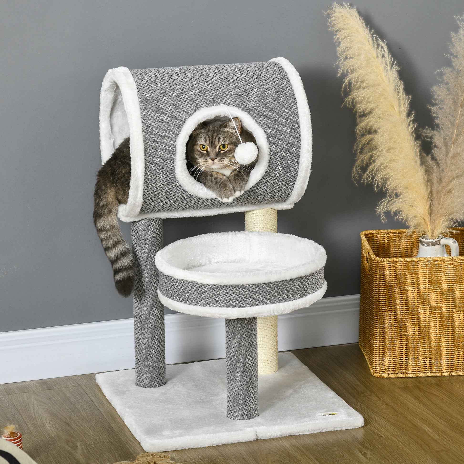 PawHut Cat Tree for Indoor Cats with Scratching Post, Bed, Tunnel, Toy Ball, 48 x 48 x 73 cm, White