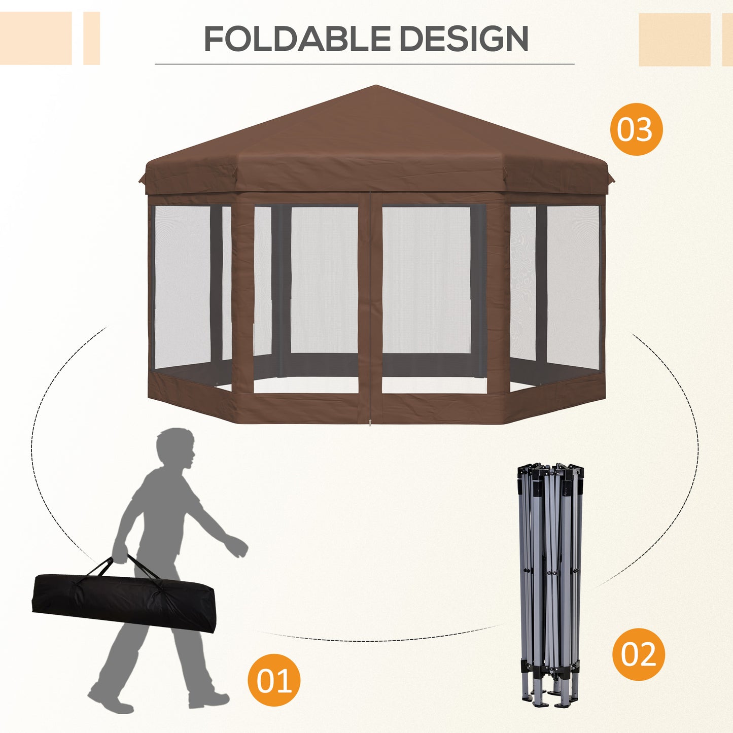 outsunny-3x3-5m-hexagonal-pop-up-gazebo-party-canopy-height-adjustable-tent-sun-shelter-w-mosquito-netting-zipped-door-brown