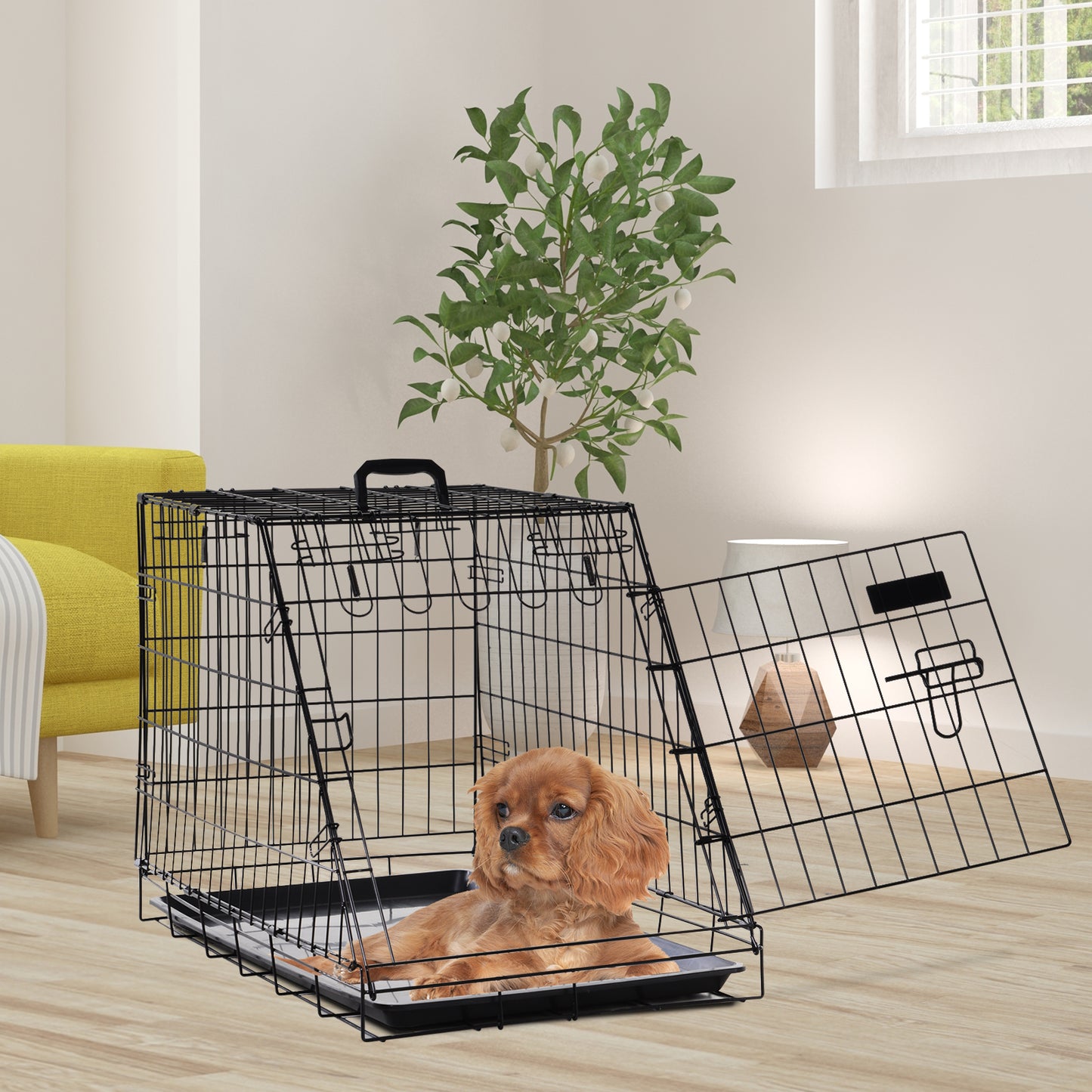 PawHut Metal Collapsible Car Dog Cage Crate Transport Folding Box Carrier Handle Removable Tray 77 x 47 x 55cm