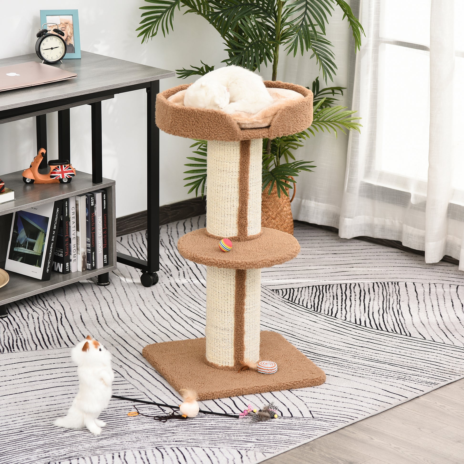 PawHut 91cm Cat Tree Kitten Activity Center Play Tower Perches Sisal Scratching Post Lamb Cashmere Brown