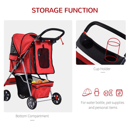 PawHut Pet Stroller Dog Pram Foldable Dog Pushchair Cat Travel Carriage w/ Wheels, Zipper Entry, for Small Pets, Red