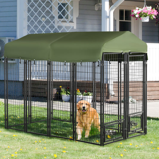 PawHut Outdoor Dog Kennel, Lockable Pet Playpen Crate, Welded Wire Steel Fence, with Water-, UV-Resistant Canopy, Rotating Bowl Holders 8x4x6ft Green