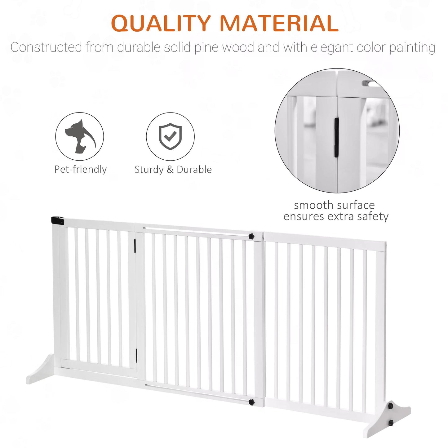 PawHut Adjustable Wooden Pet Gate Freestanding Dog Barrier Fence Doorway 3 Panels Safety Gate w/ Lockable Door White 71H x 113-166W cm