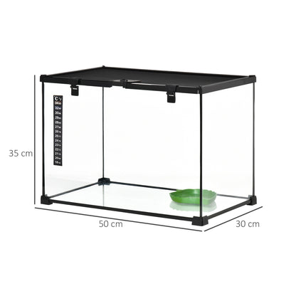 PawHut 50 x 30 x 35 cm Reptile Glass Terrarium, Reptile Breeding Tank, Climbing pet Glass Containers, Arboreal Box, with Strip Patch Thermometer-Black