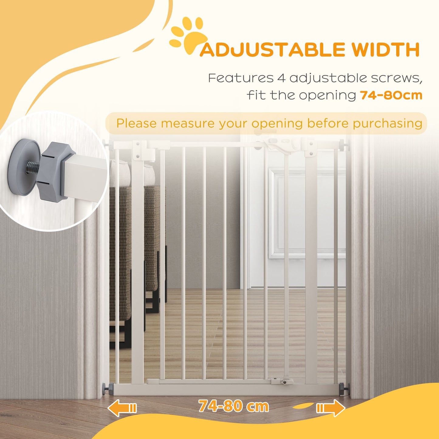 PawHut Metal 74-80cm Wide Adjustable Dog Gate White