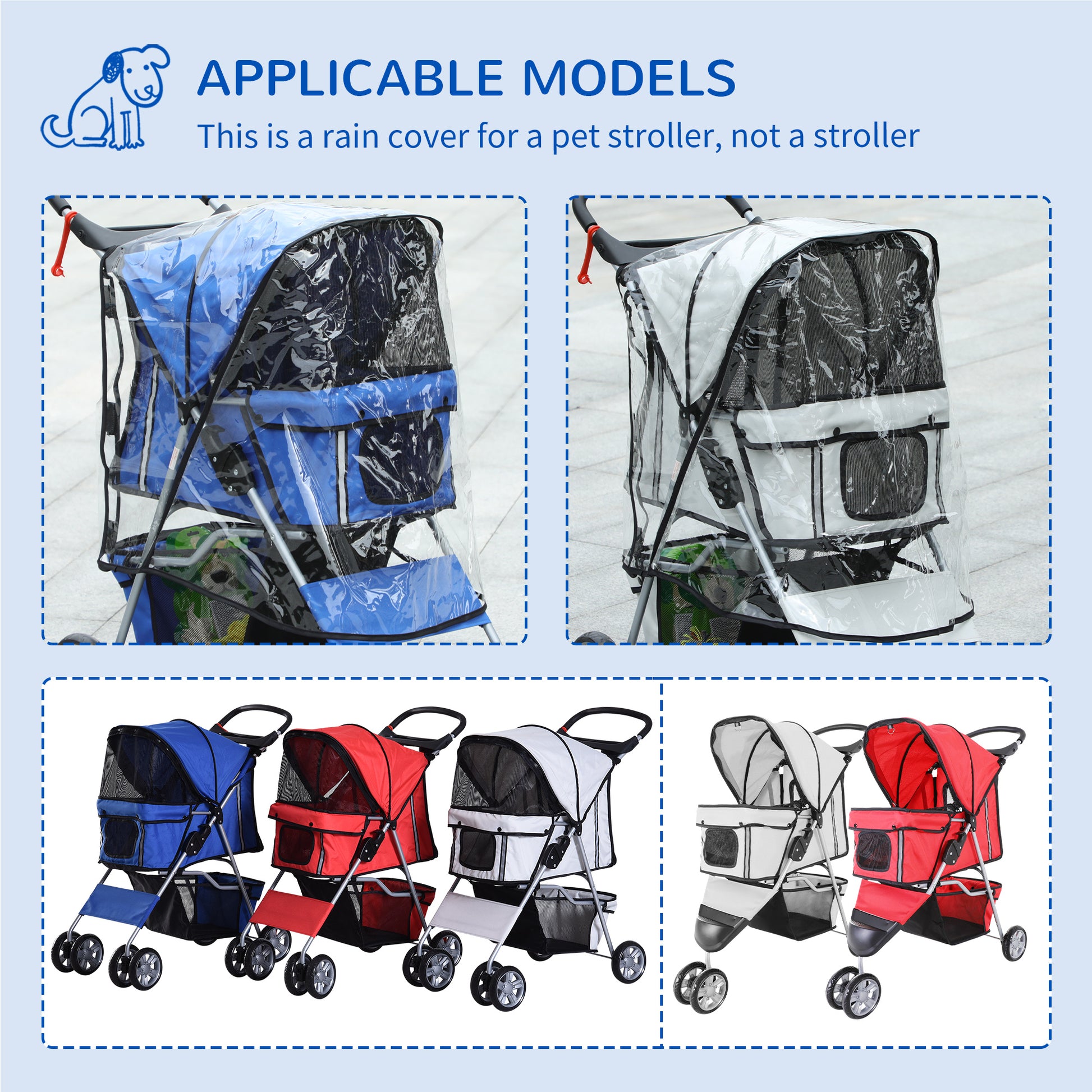 PawHut Dog Stroller Rain Cover, Cover for Dog Pram Stroller Buggy w/ Rear Side Entry, Grey