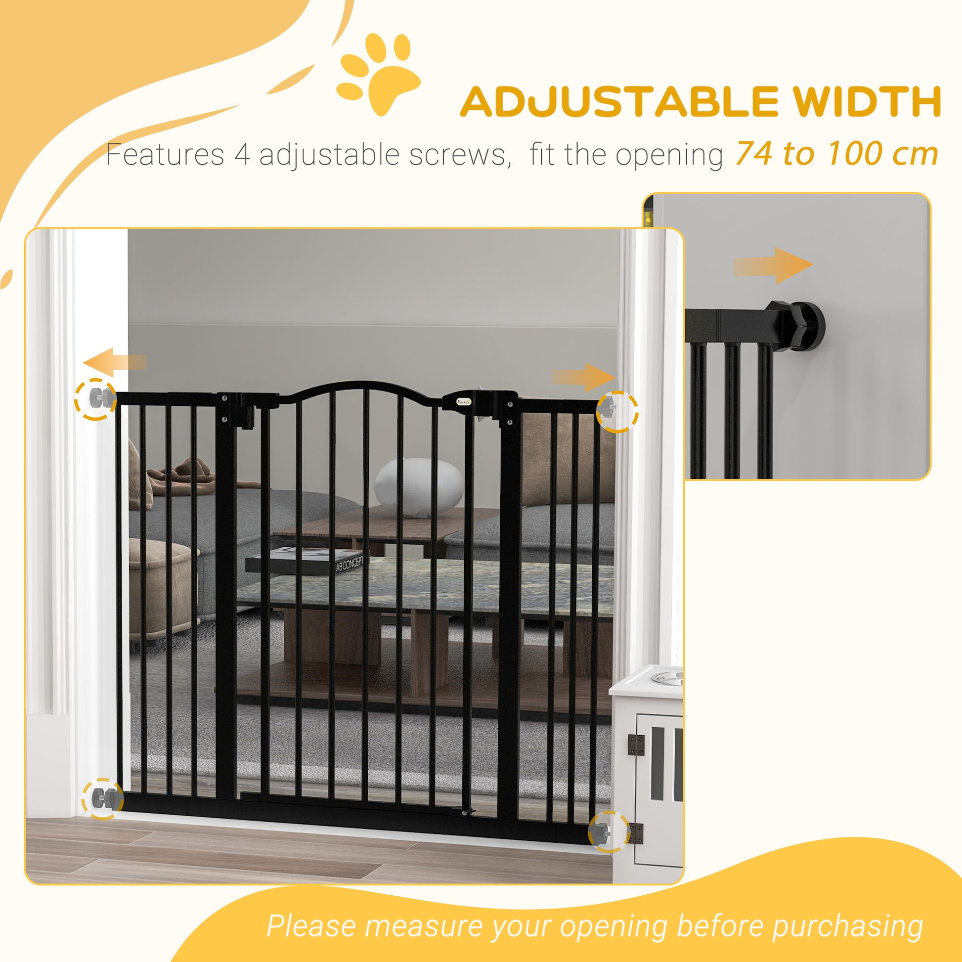 PawHut Metal 74-100cm Adjustable Pet Gate Safety Barrier w/ Auto-Close Door Black