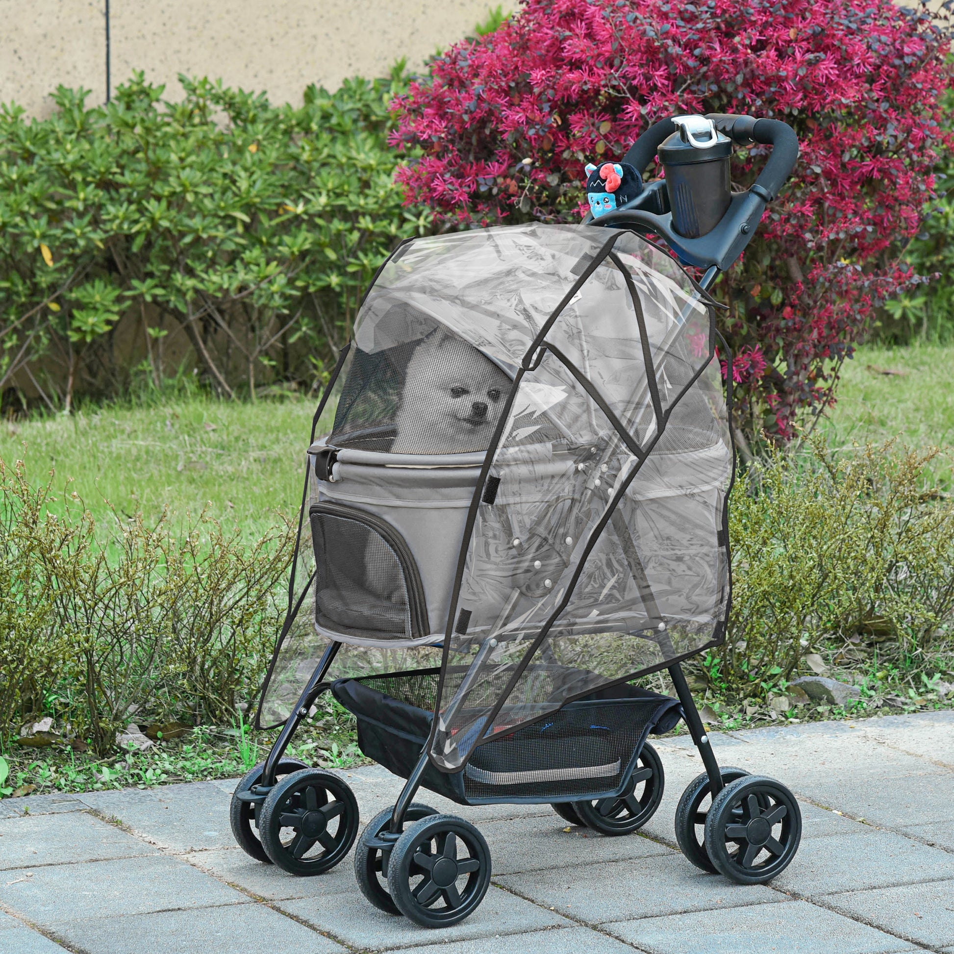 PawHut Dog Stroller w/ Rain Cover, Dog Pushchair One-Click Fold Trolley Jogger w/ Wheels, Basket, Adjustable Canopy, Safety Leash for Small Dogs, Grey