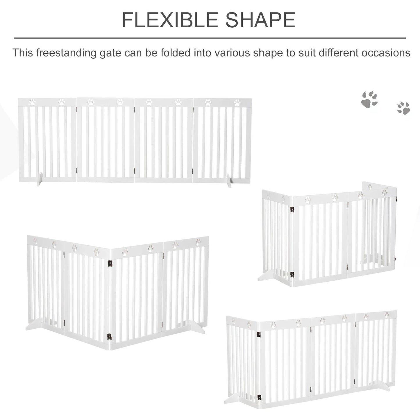 PawHut Pet Gate 4 Panel Wooden Foldable Fence Freestanding Dog Safety Barrier with 2 Support Feet for Doorways Stairs 80'' x 30'' White