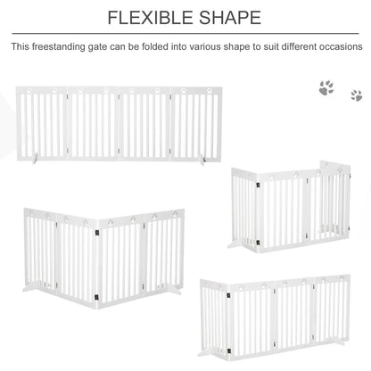 PawHut Pet Gate 4 Panel Wooden Foldable Fence Freestanding Dog Safety Barrier with 2 Support Feet for Doorways Stairs 80'' x 30'' White