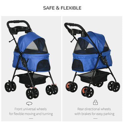 PawHut Pet Stroller Dog Cat Travel Pushchair One-Click Fold Trolley Jogger with EVA Wheels Brake Basket Adjustable Canopy Safety Leash Blue