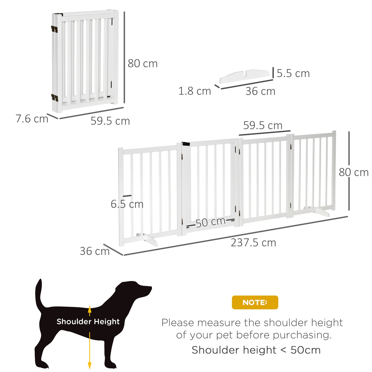 PawHut Pet Gate for Small and Medium Dogs, Freestanding Wooden Foldable Dog Safety Barrier with 4 Panels, 2 Support Feet for Doorways,Stairs,White